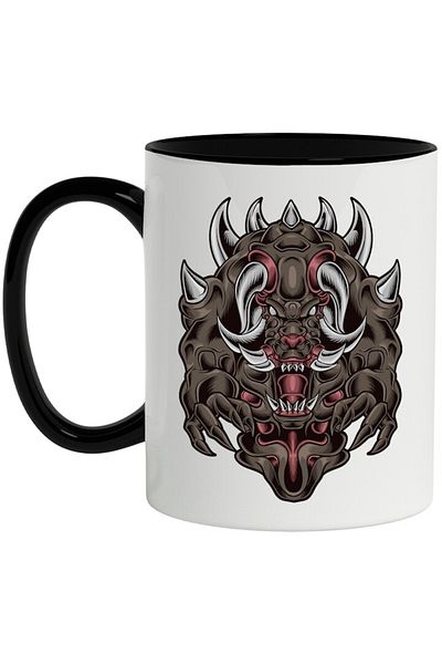 INOVATIX Personalized white mug, Monster, Horns, Fangs, Claws, Fantasy, with Black Handle, INOVATIX®. 330ml