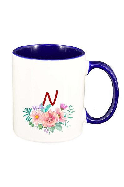 INOVATIX Personalized white mug, Flowers with alphabet, dark blue interior, D946, INOVATIX®. 330ml