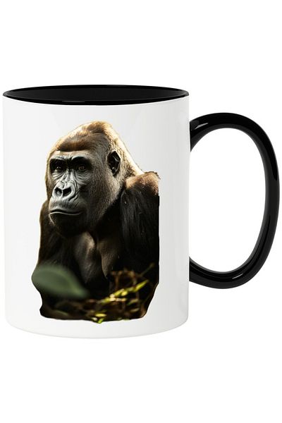 INOVATIX Personalized white mug, Gorilla, Black, Jungle, Wild Animals, with Black Handle, INOVATIX®. 330ml