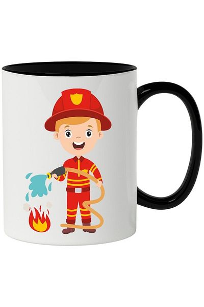 INOVATIX Personalized white mug, Firefighter, Fire, Flame, Water, Hose, Helmet, with Black Handle, INOVATIX®. 330ml