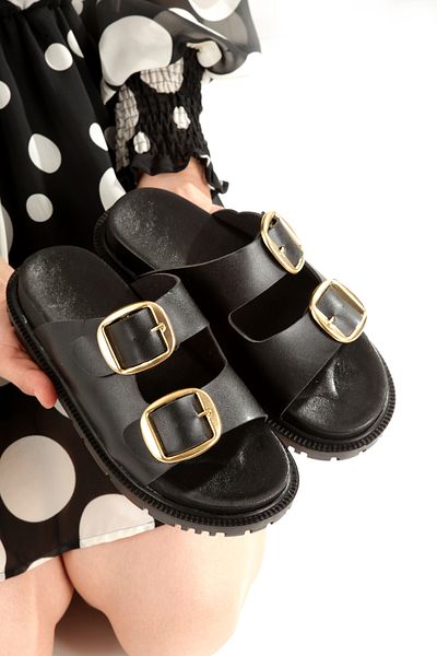 PAYZİN '' Si̇lvi̇e'' Black Skin Gold Color Double Buckle Black Sole Slippers New Season