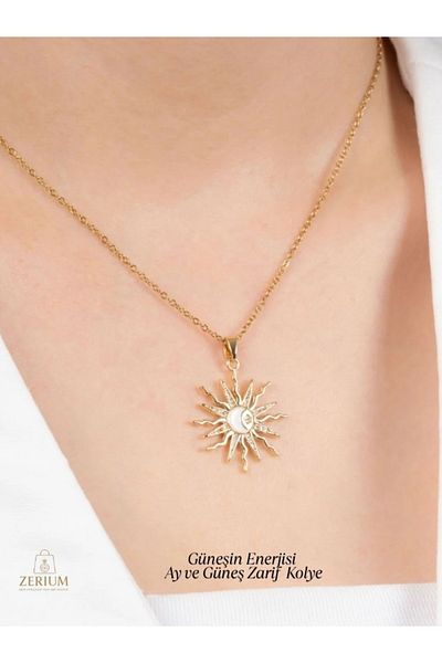 ZERİUM Energy of the Sun Moon and Sun Exquisite Gold Color Women's Necklace