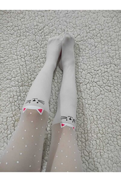 DÜVEN Детски чорапогащник с принт на котка и тюлен в бяло за момиче