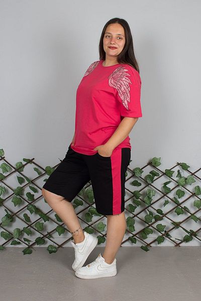 Truva XXL Plus Size Angel Wing Stone Embroidered Red Shorts Suit