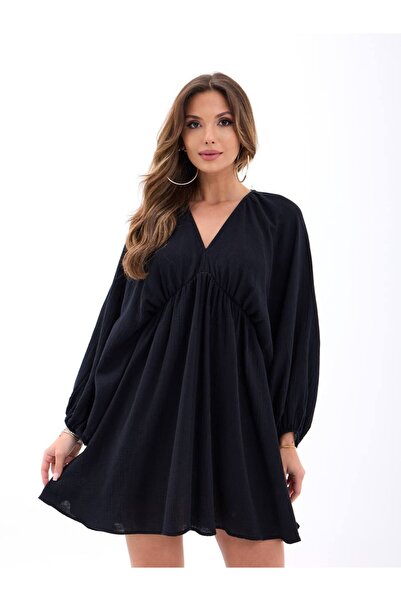 Fame Dökümlü Salaş Müslin Kumaş Kısa Alaçatı Stili Bohem Kadın Elbise