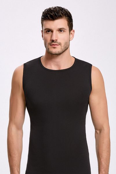 İlke 6 Pieces, 100% Cotton, Ribbed Crew Neck, Sleeveless Undershirt & Undershirt, Absorbs Sweat, Comfortable Fit, Black