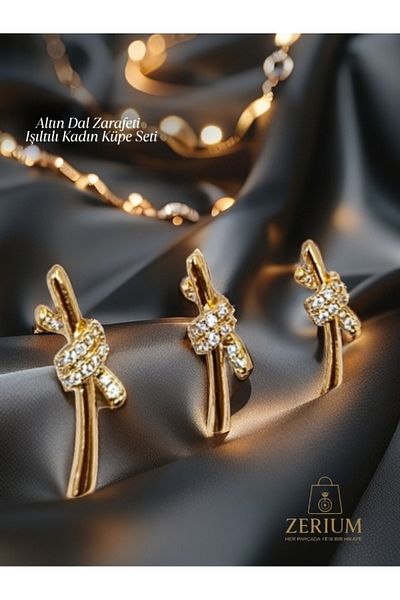 ZERİUM Golden Branch Elegance – Sparkling Women's Earring Set