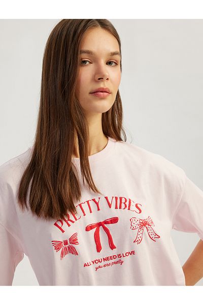 Koton New Season Bow Printed Short Sleeve Crew Neck Cotton T-Shirt