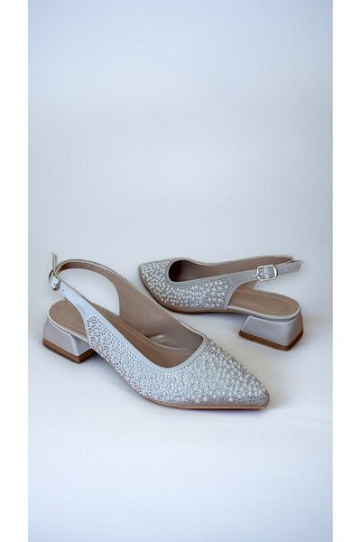 muhhu moda Pearl Detailed, 3 Centimeter Heels, Satin Material, Women's Shoes, Full Mold,
