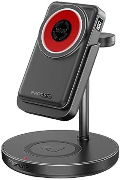 Promate Charging Station with Detachable 10000mAh Power Bank, 15W MagSafe Compatible Charger, 2W App