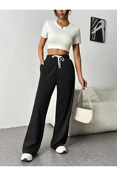 LOSSİA Γυναικείο μαύρο φαρδύ παντελόνι φόρμας μεγάλου μεγέθους, υψηλής ποιότη...