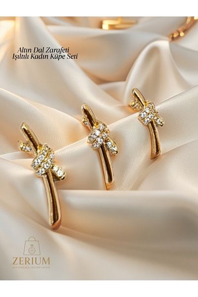 ZERİUM Golden Branch Elegance – Sparkling Women's Earring Set