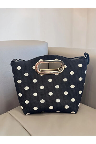 ÇANTA Black Polka Dot Knitted Polka Dots Design Metal Buckle and Adjustable S...