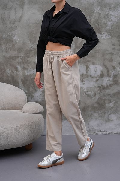 BigBrossBoutique Beige Linen Blend Casual Comfortable Fit Women's Trousers