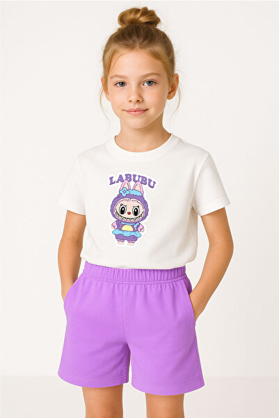 TARZ STİL Yeni Trend Tarz Labubu Baskılı Şortlu Kız Çocuk Takım 24255