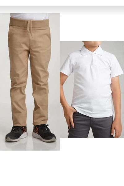 BAGİSTA BUTİK PANTALONI DE IN BEJ PENTRU COPII (CU ELASTIC LA TALIE) ALBI CU ...