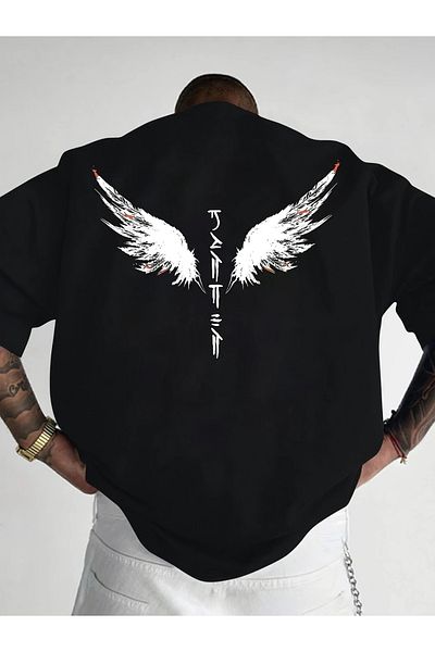 qubo sportswear & company Tricou negru cu mânecă scurtă, unisex, din bumbac, cu imprimeu supradimensionat