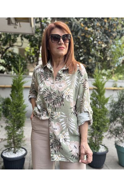 DenizEge Floral βαμβακερό πουκάμισο Water Green