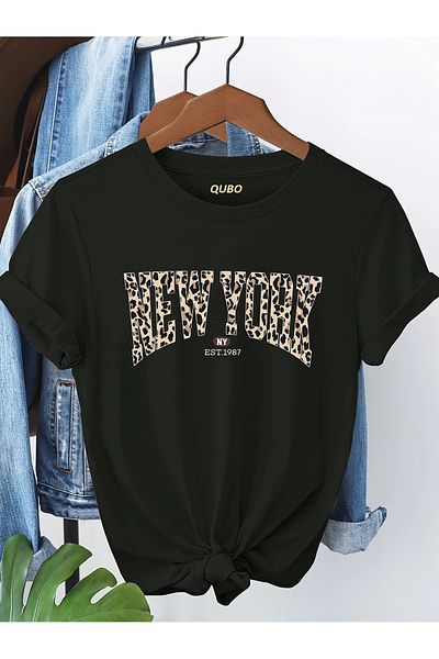 qubo sportswear & company Tricou negru cu mânecă scurtă, unisex, din bumbac, cu imprimeu supradimensionat