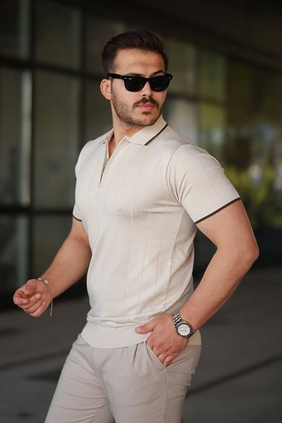 JANES Men's Zipper Collar Line Textured Short Sleeve T-Shirt
