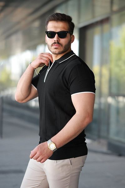 JANES Men's Vertical Embossed Knitted Textured Zipper Collar T-Shirt