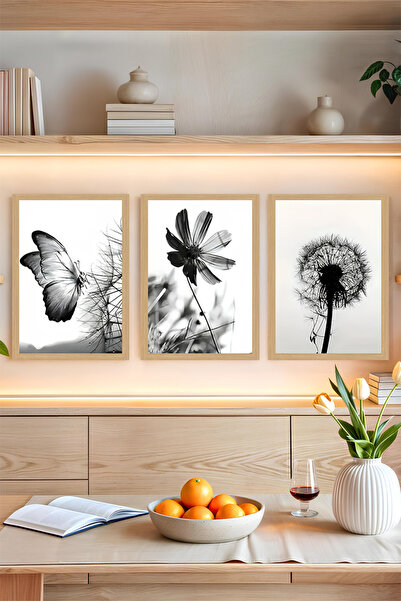 kutuTR 🖤 Siyah Beyaz Kelebek ve Çiçek Temalı 3'lü UV Baskılı Tablo Seti (Çer...