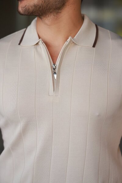 Pazarcan Sensuelle Men's Zipper Collar Line Textured Short Sleeve T-Shirt