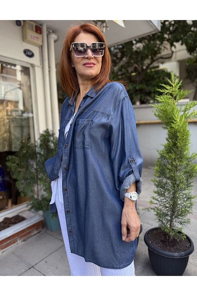 DenizEge Draped Denim Shirt Dark Blue