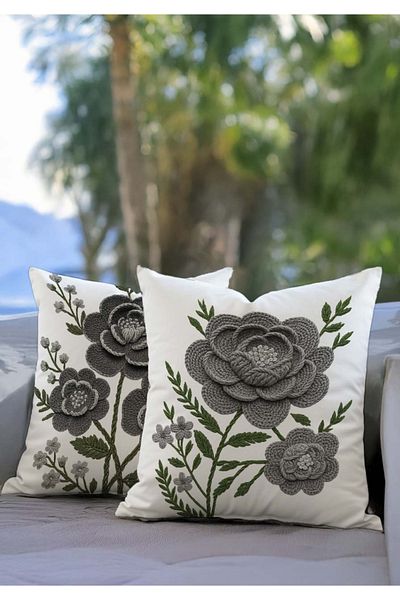 Pillow Home 3D Embroidery Looking Gray Flower Patterned Digital Printed Set of 2 Decorative Throw Pillow Cases