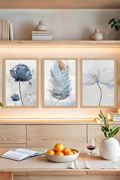 kutuTR 🖼️ Mavi Tonlarda Çiçek ve Tüy Desenli 3'lü Tablo Seti - Çerçevesiz UV...
