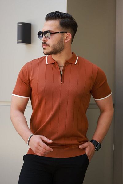 JANES Men's Zipper Collar Line Textured Short Sleeve T-Shirt