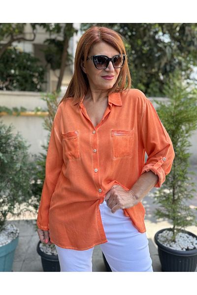 DenizEge Viscose Draped Shirt Orange