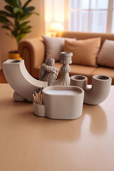 FS CANDLE & HOME Decoration - Accesories 5 Parça Beton Mum, Şamdan Mumluk ve ...