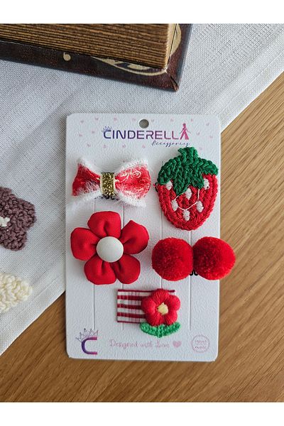 Cinderella Set of 5 Red Strawberry Pompom Bow Hairless Baby Hair Clips - Gift New Year's Day Baby Hair Clips Set