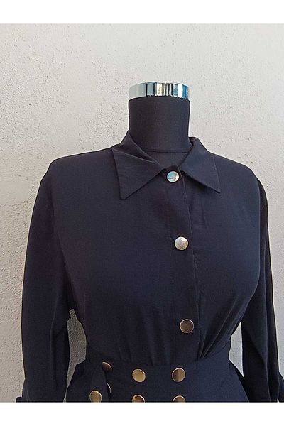 QUAWEAR Modal Fabric Rivet Detailed Belted Snap Closure Shirt and Skirt Two-Piece Set