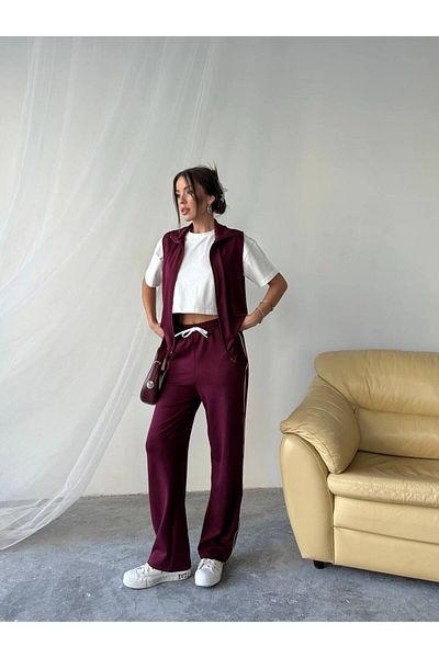 sportiness Piping Detailed Vest with Pockets Modal Fabric Set of 3 Short Sleeve Tracksuit