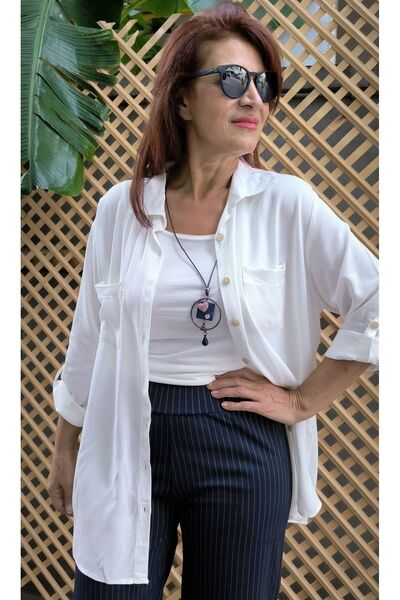 DenizEge قميص فيسكوز بترتر في الجيوب باللون الأبيض