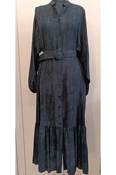 QUAWEAR V Neck Full Button Closure Full Length Dress with Belt