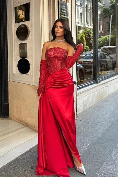 zoezoe Kol Ve Üst Detaylı Allerli Saten Şık Tasarım Abiye Elbise Tam Kalıp