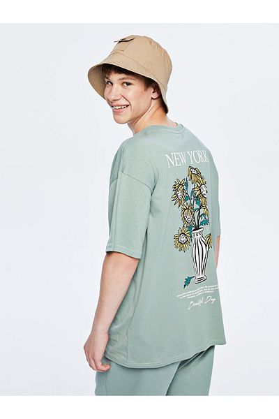 LC Waikiki Green Crew Neck New York Printed Young Men's T-Shirt