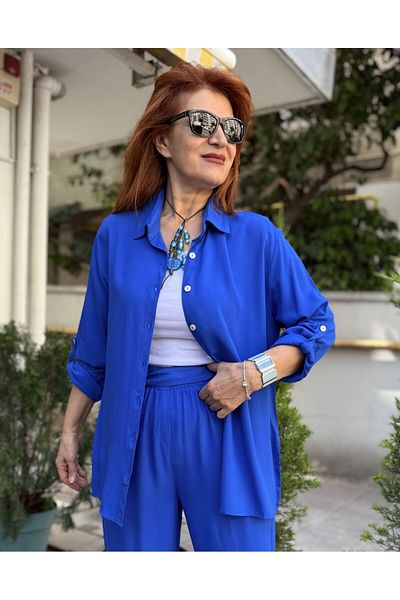 DenizEge Cămașă Basic Clasică din Viscoză Saks Blue
