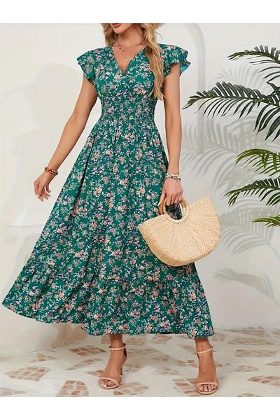 JANES Women Short Sleeve Double Breasted Lapel Elastic Waist Floral Print Dress
