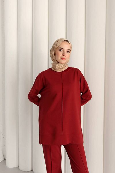 sportiness Oversized Two-Thread Fabric Tracksuit with Hem Detail and Slit Detail