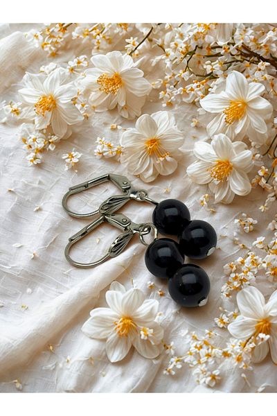ayrestyle Handmade Onyx Natural Stone Dangle Unisex Earrings – 8mm Black Stone, Silver Color, Latch Clip