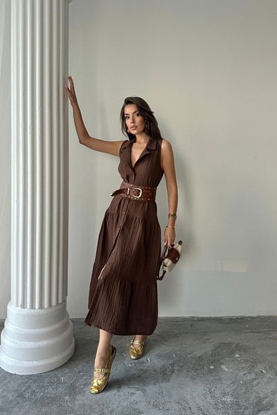 JANES Muslin Dress Shirt Collar Sleeveless Front Button - Brown