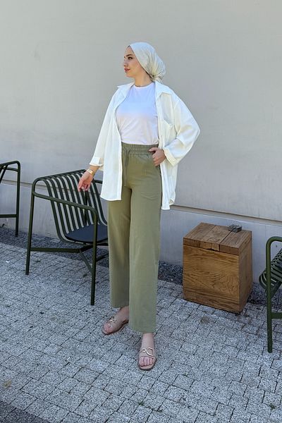 Tesettür Diyarı Linen Fabric Pocket Women's Trousers with Elastic Waist