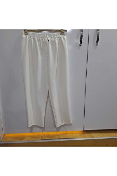 NUR TEKSTİL kadın beyaz dabıll kumaş beli lastikli büyük beden pantolon