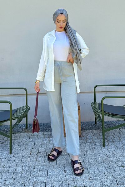 Tesettür Diyarı Linen Fabric Pocket Women's Trousers with Elastic Waist