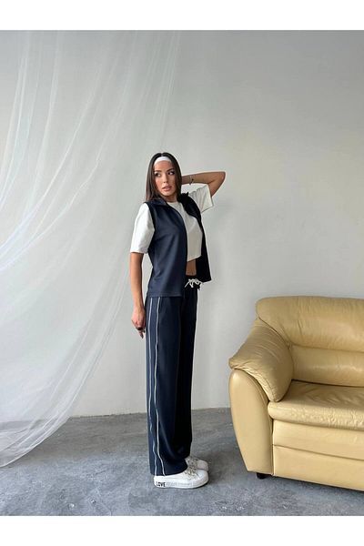 sportiness Piping Detailed Vest with Pockets Modal Fabric Set of 3 Short Sleeve Tracksuit