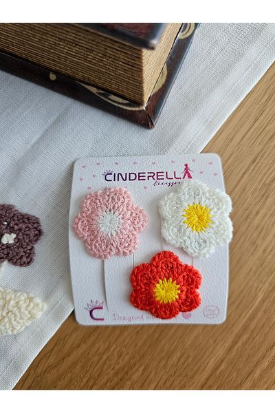 Cinderella 3Pcs Colorful Floral Knitted Handmade Hairless Baby Barrette 3.5cm - Newborn Little Hair Clip Barrette Set